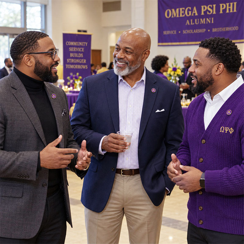 Custom Omega Psi Phi pin worn on formal attire in a fraternity event setting