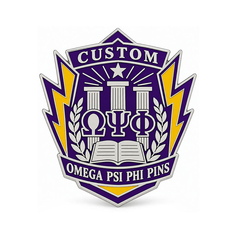 Silver-tone custom Omega Psi Phi pin with detailed enamel fraternity emblem