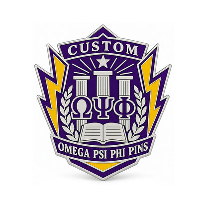 Silver-tone custom Omega Psi Phi pin with detailed enamel fraternity emblem