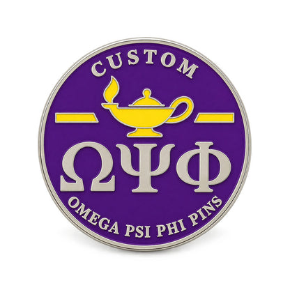 Gold-tone custom Omega Psi Phi pin with detailed enamel fraternity emblem