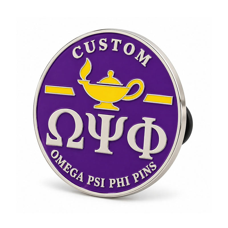 Angled side view of custom Omega Psi Phi pin showing metal depth and backing