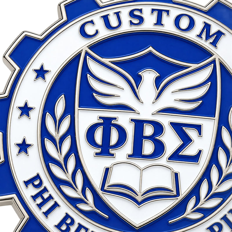 Close-up detail of custom Phi Beta Sigma pin enamel colors and polished metal finish