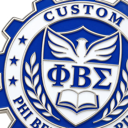 Close-up detail of custom Phi Beta Sigma pin enamel colors and polished metal finish