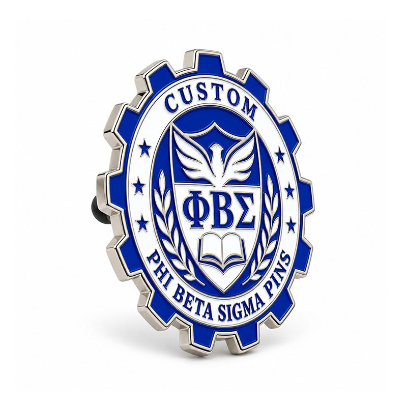 Angled side view of custom Phi Beta Sigma pin showing metal depth and backing