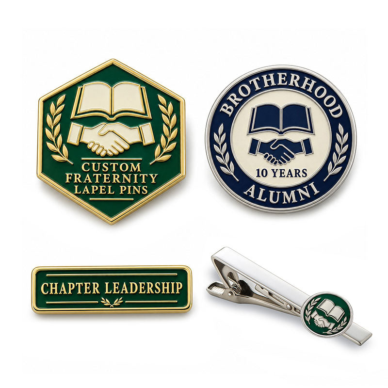 Custom fraternity lapel pin displayed in a black presentation case