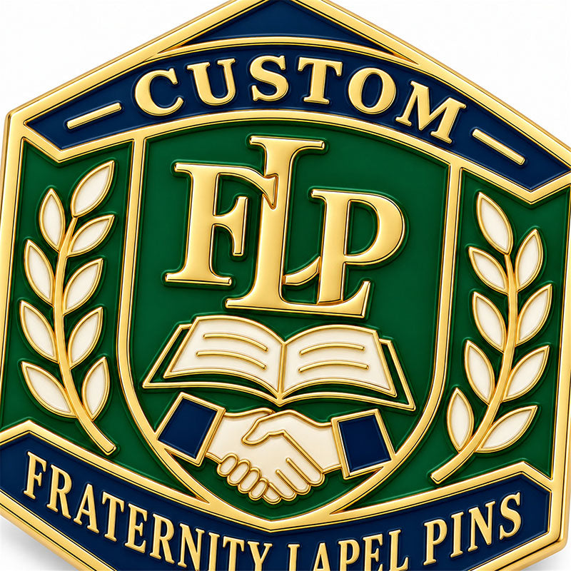 Close-up detail of custom fraternity lapel pin enamel colors and polished metal finish