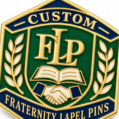 Close-up detail of custom fraternity lapel pin enamel colors and polished metal finish