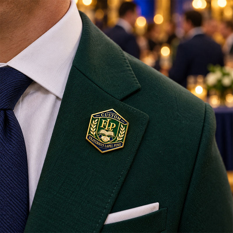 Custom fraternity lapel pin worn on formal attire in a fraternity event setting
