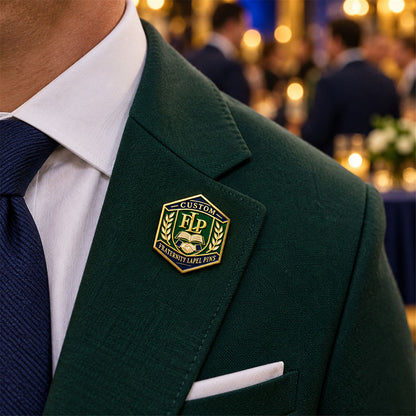 Custom fraternity lapel pin worn on formal attire in a fraternity event setting