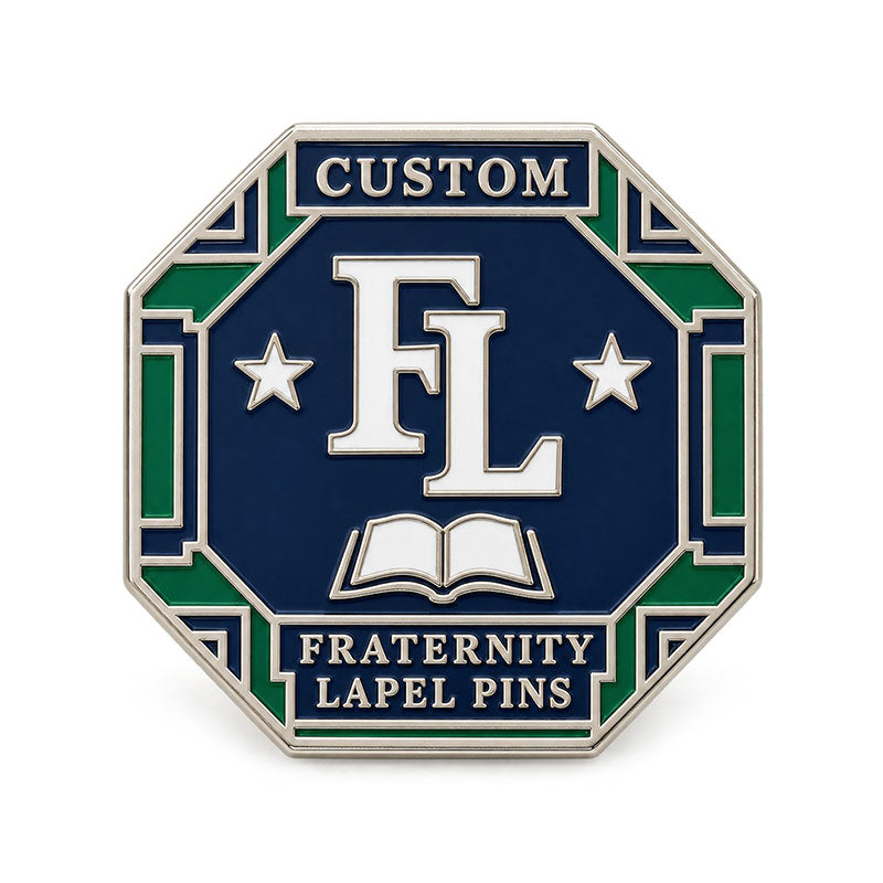 Silver-tone custom fraternity lapel pin with detailed enamel fraternity emblem