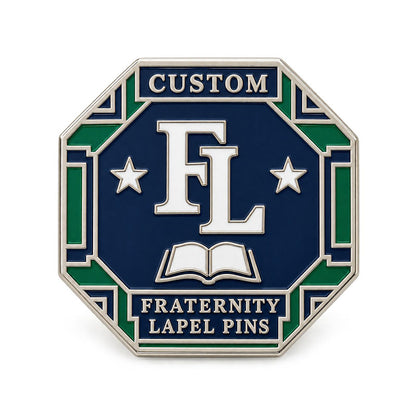 Silver-tone custom fraternity lapel pin with detailed enamel fraternity emblem