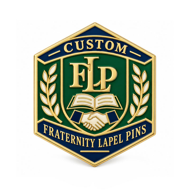 Gold-tone custom fraternity lapel pin with detailed enamel fraternity emblem