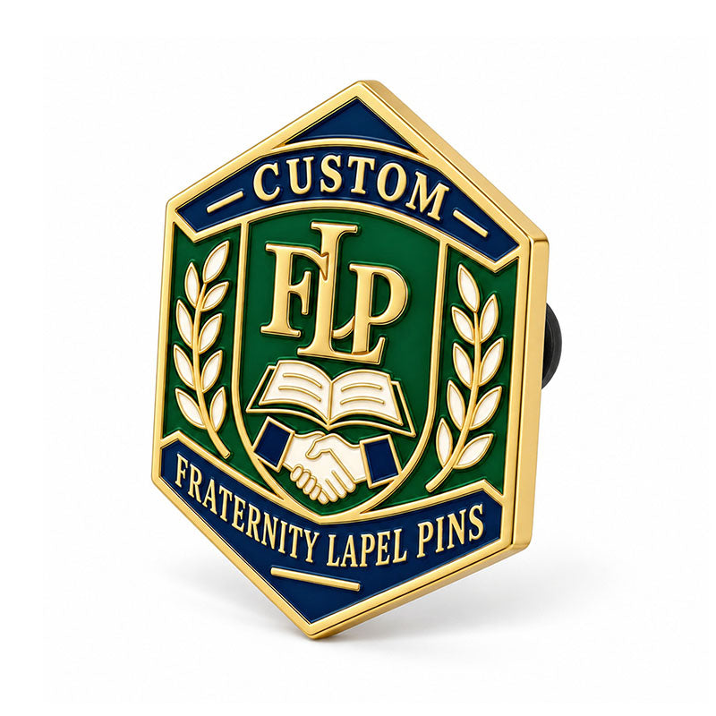 Angled side view of custom fraternity lapel pin showing metal depth and backing