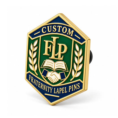 Angled side view of custom fraternity lapel pin showing metal depth and backing
