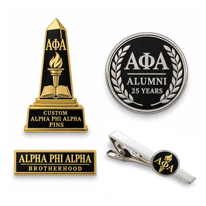 Custom Alpha Phi Alpha pin displayed in a black presentation case
