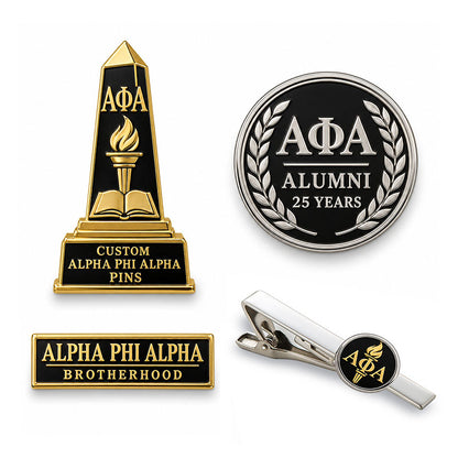 Custom Alpha Phi Alpha pin displayed in a black presentation case