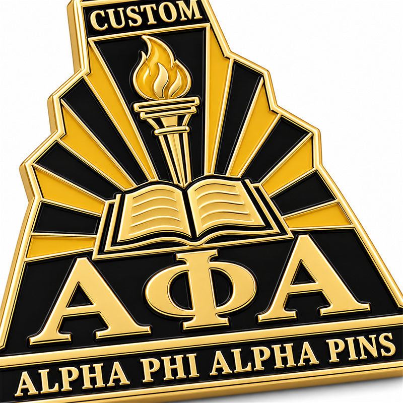 Close-up detail of custom Alpha Phi Alpha pin enamel colors and polished metal finish