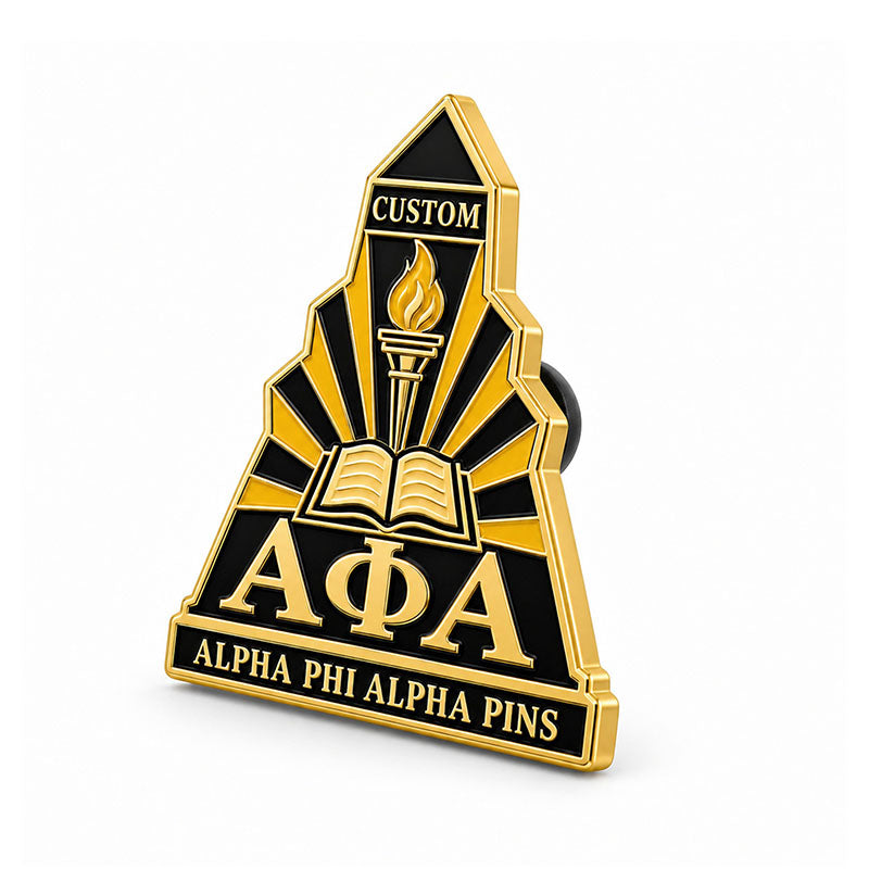 Angled side view of custom Alpha Phi Alpha pin showing metal depth and backing