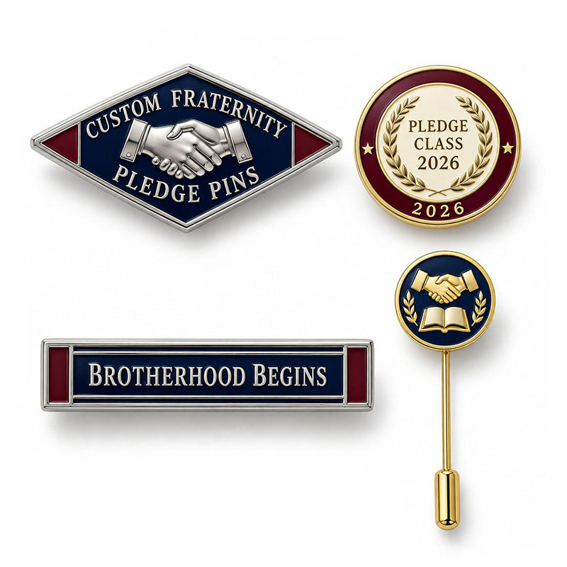 Custom fraternity pledge pin displayed in a black presentation case
