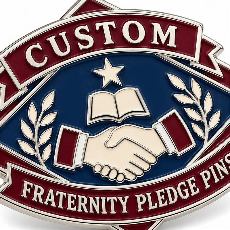 Close-up detail of custom fraternity pledge pin enamel colors and polished metal finish