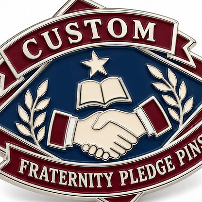 Close-up detail of custom fraternity pledge pin enamel colors and polished metal finish