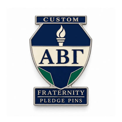 Silver-tone custom fraternity pledge pin with detailed enamel fraternity emblem