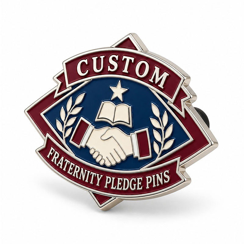 Angled side view of custom fraternity pledge pin showing metal depth and backing