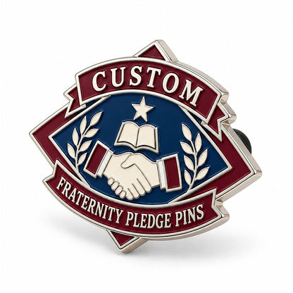 Angled side view of custom fraternity pledge pin showing metal depth and backing