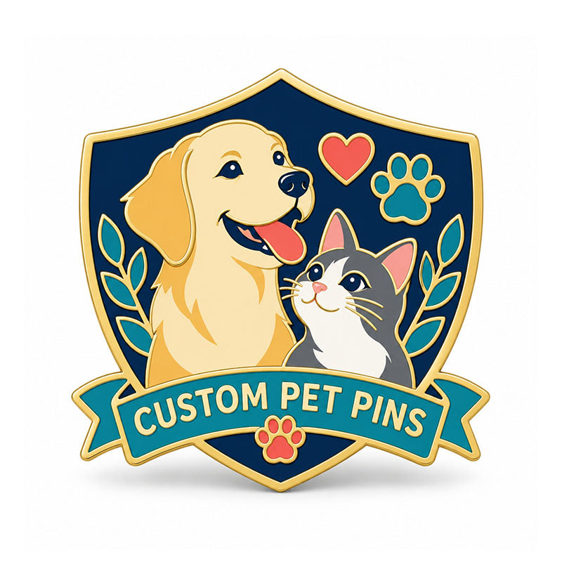 Gold pet pin with a dog and cat on a navy shield, teal banner, and paw details
