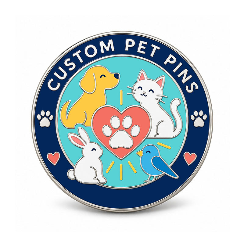 Round silver pet pin with a dog, cat, rabbit, and bird surrounding a heart and paw