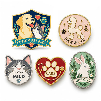 Five enamel pet pin designs featuring dogs, cats, a rabbit, and veterinary care motifs