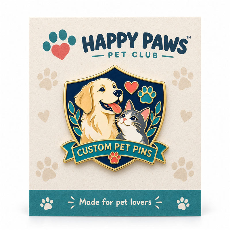 Dog and cat enamel pet pin displayed on a Happy Paws Pet Club backing card