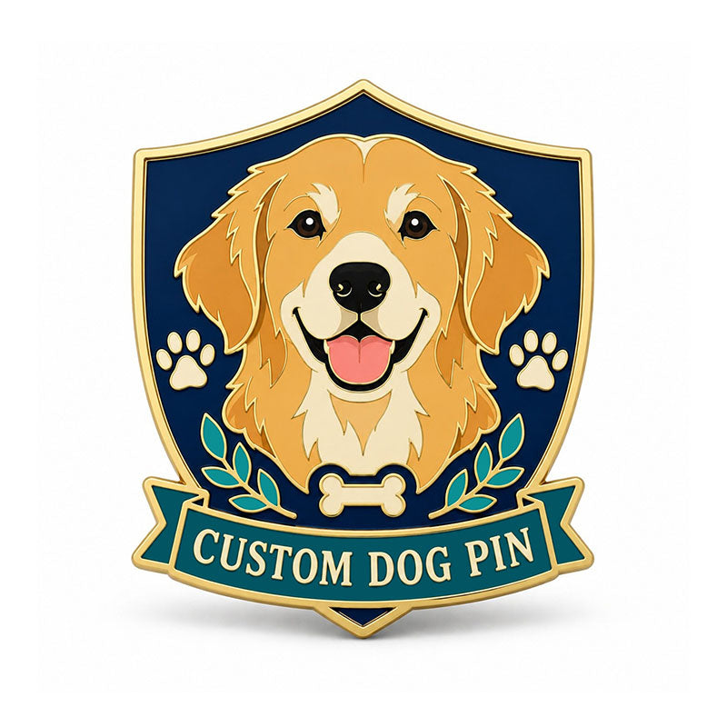 Gold custom dog pin with a golden retriever portrait on a navy shield and green banner