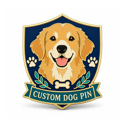 Gold custom dog pin with a golden retriever portrait on a navy shield and green banner