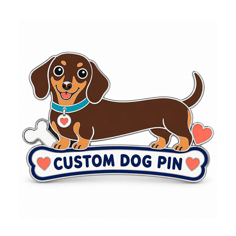 Silver custom dog pin shaped as a brown dachshund standing above a white bone banner