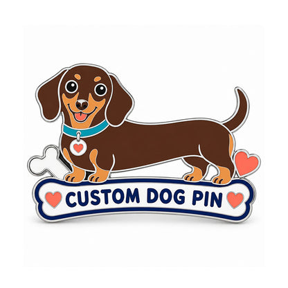 Silver custom dog pin shaped as a brown dachshund standing above a white bone banner