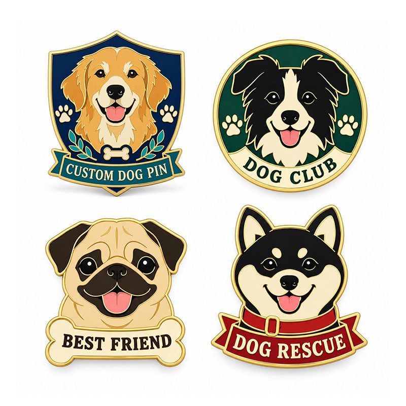Four custom dog pin designs featuring a retriever, border collie, pug, and rescue dog