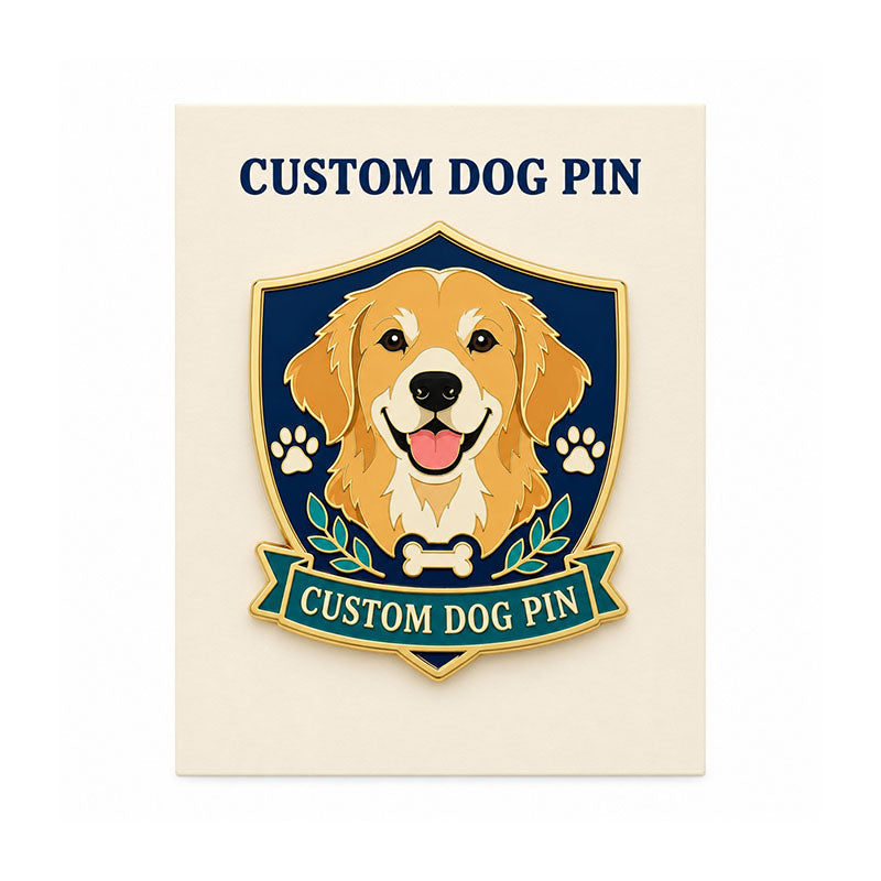 Golden retriever enamel dog pin mounted on a cream backing card with navy lettering