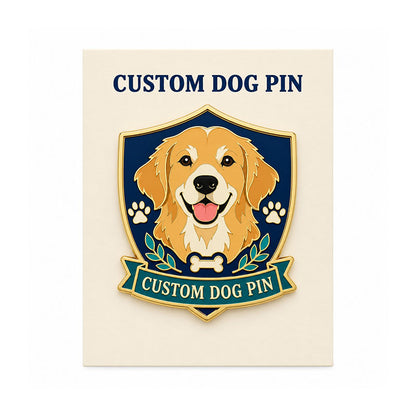 Golden retriever enamel dog pin mounted on a cream backing card with navy lettering