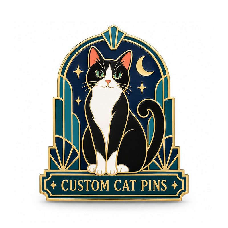 Gold cat pin with a black and white cat, crescent moon, and teal geometric arch