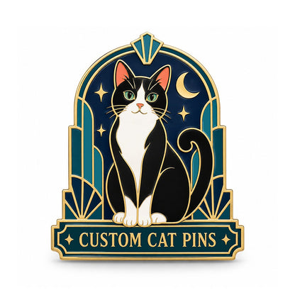Gold cat pin with a black and white cat, crescent moon, and teal geometric arch