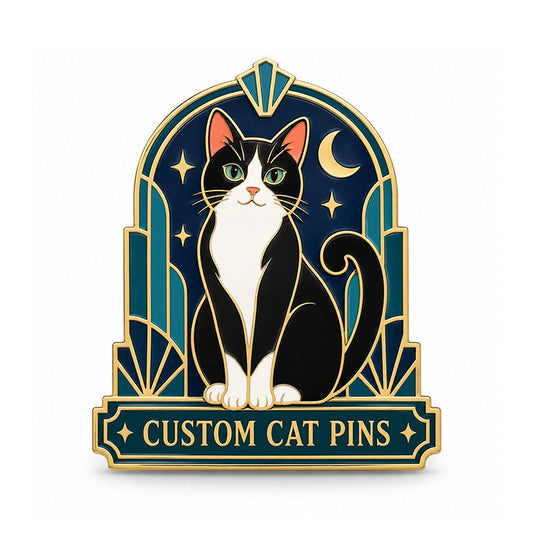 Gold cat pin with a black and white cat, crescent moon, and teal geometric arch