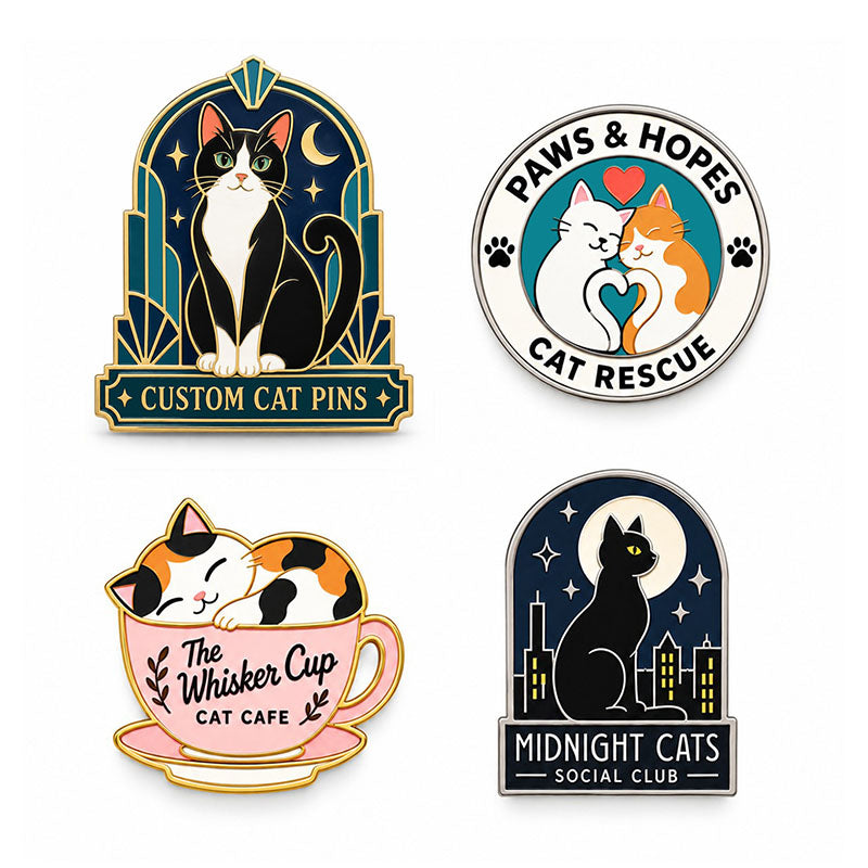 Four cat pin designs featuring a moonlit cat, rescue cats, a teacup cat, and city skyline