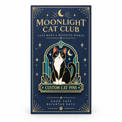 Black and white cat enamel pin displayed on a navy Moonlight Cat Club backing card