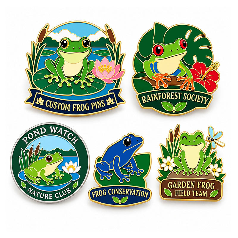 Five frog pin designs featuring pond, rainforest, conservation, and garden themes