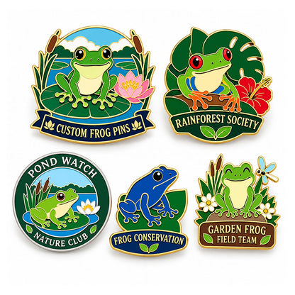 Five frog pin designs featuring pond, rainforest, conservation, and garden themes