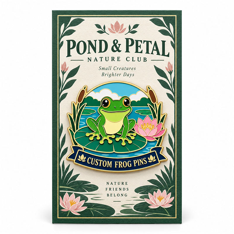 Green frog enamel pin displayed on a botanical Pond and Petal Nature Club backing card