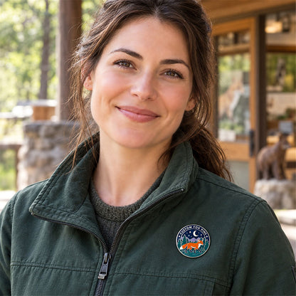 Woman wearing a round forest fox enamel pin on a dark green vest near a wooden building