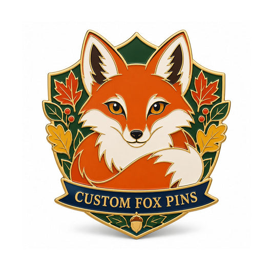 Gold fox pin with an orange fox portrait, autumn leaves, and a navy custom text banner