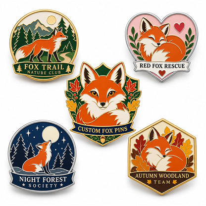 Five fox pin designs with woodland, rescue, moonlit forest, and autumn leaf themes